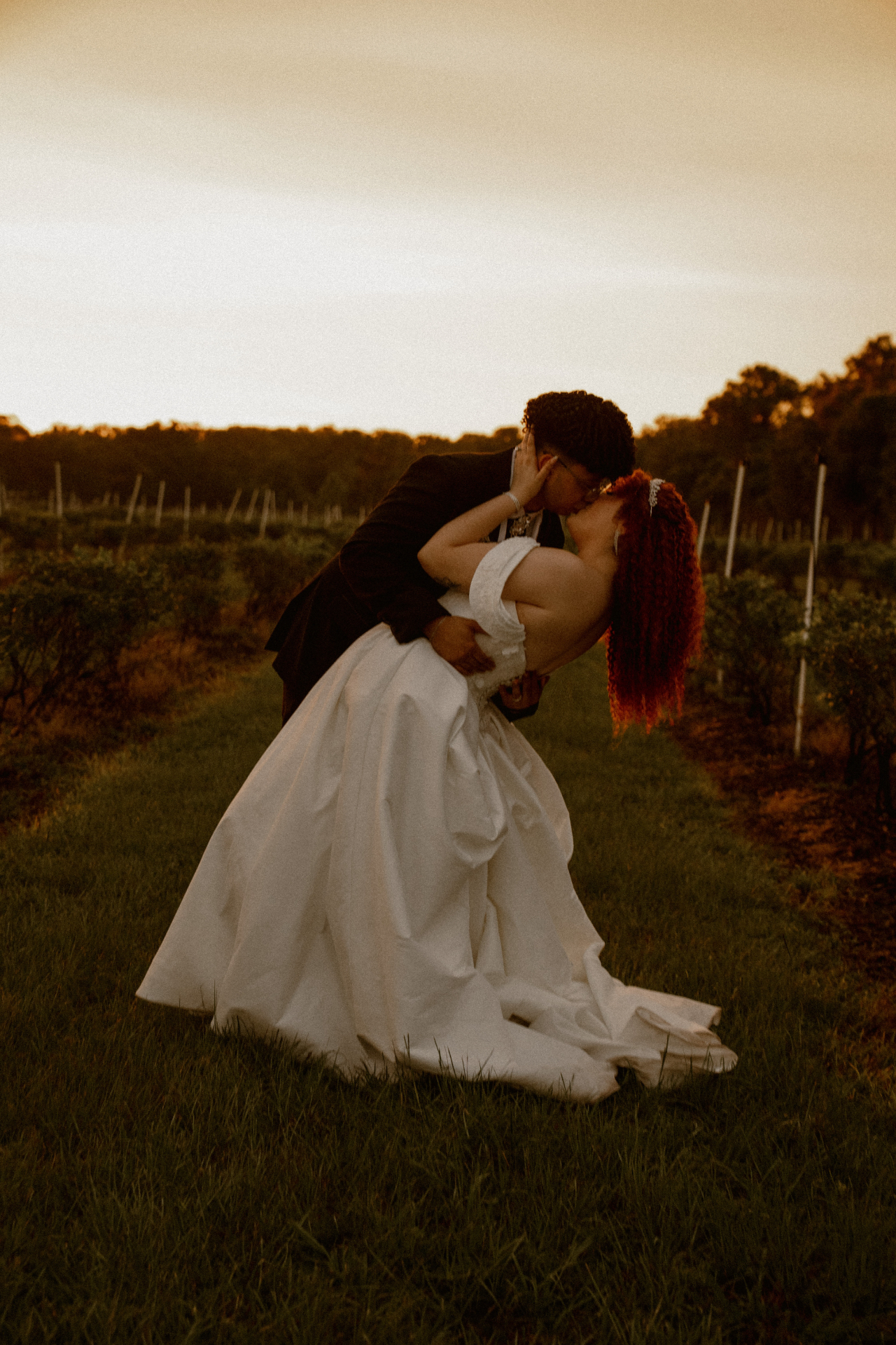 Lily and Alephe embracing at sunset in a vineyard
